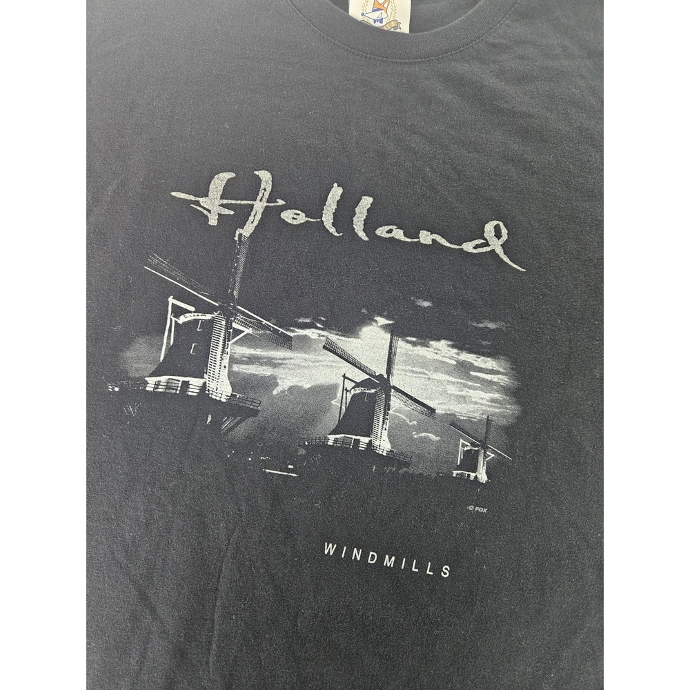 Vintage 90s FOX ORIGINALS Holland Windmills Graphic T-Shirt Black XL Amsterdam‎